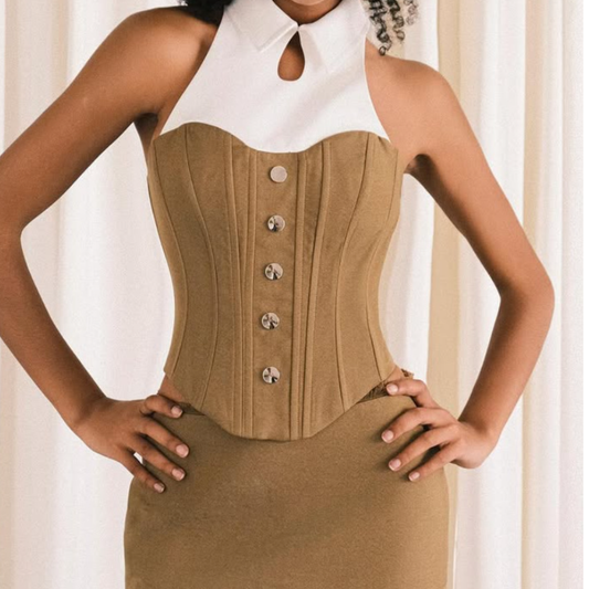 Turnover collar corset button contrast top | Festival Outfits Women