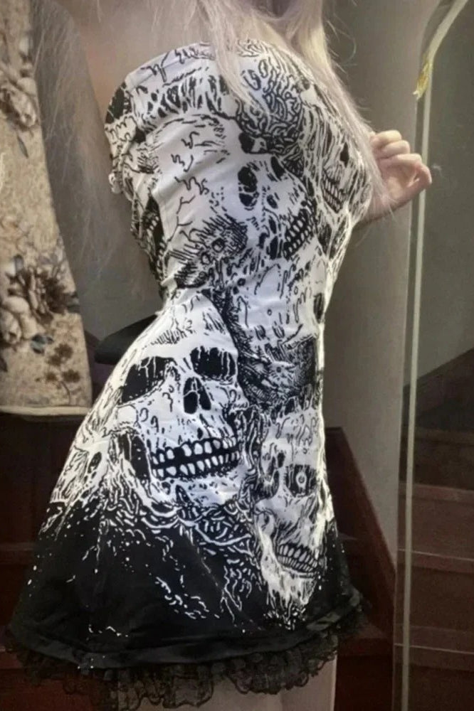 Punk Skull Print Patchwork Mini Dress