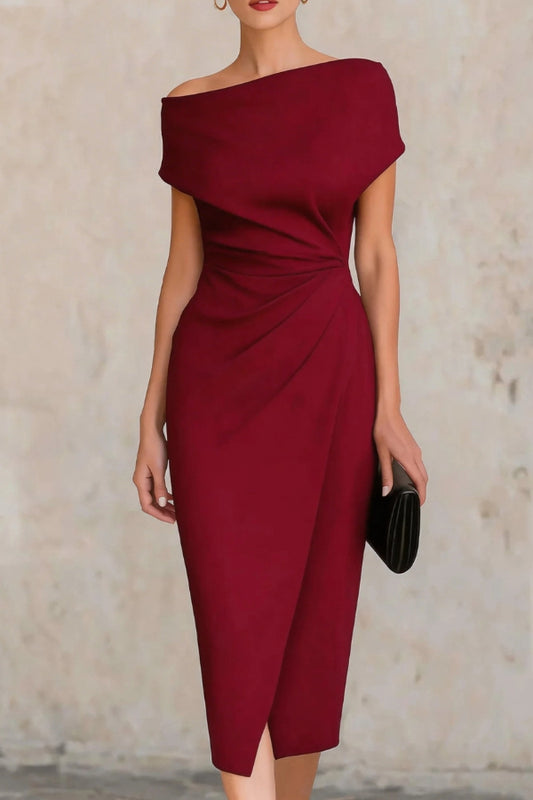 Solid Color Short-sleeved Fitted Waist Pleated Elegant Midi Dress