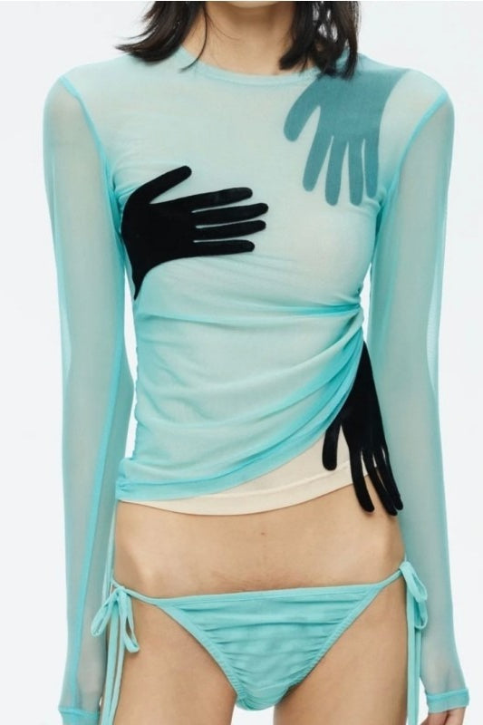 Mesh Velvet Patchwork Palm Print Mesh Top