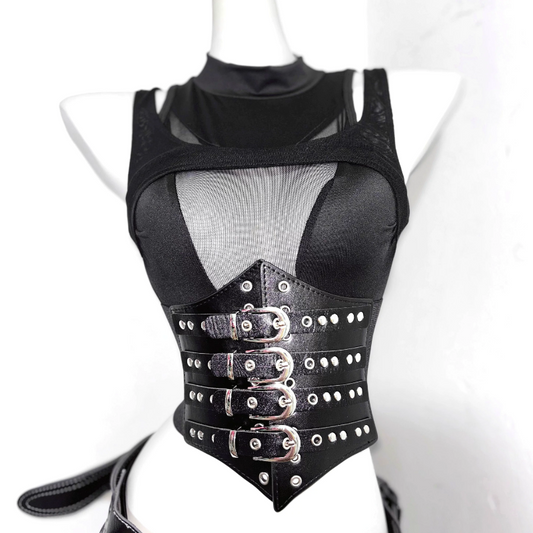 Crewneck hollow out corset PU leather cut out top | Festival Outfits Women
