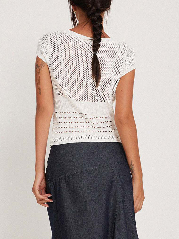 V Neck Cutout Knit Short Sleeve Knit