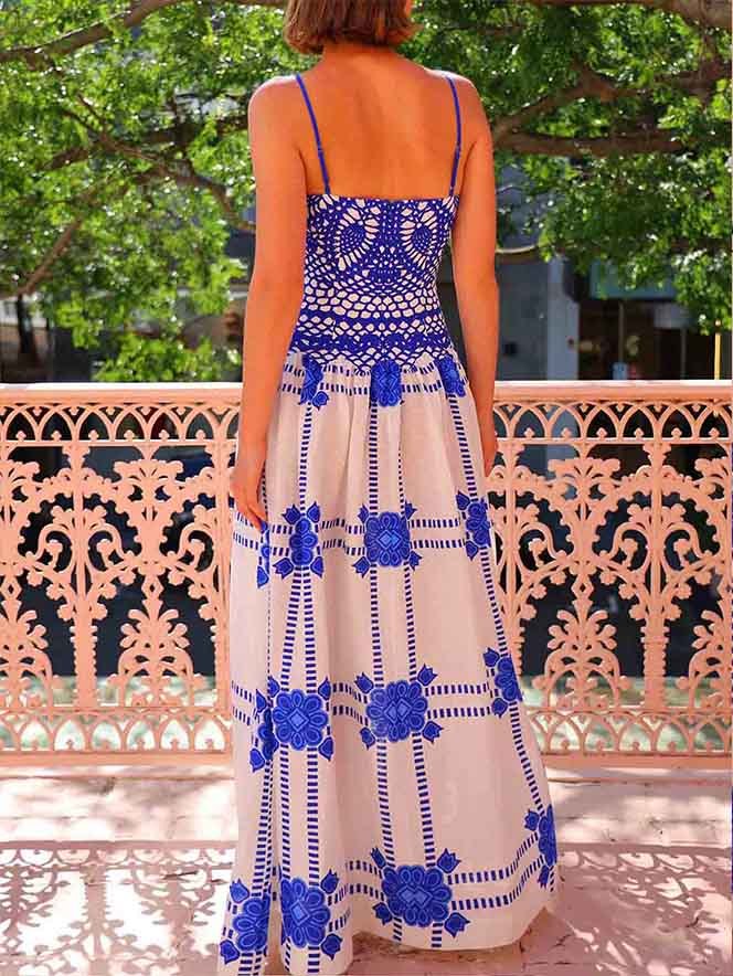 Unique Painted Crochet Floral Print Midi Dress