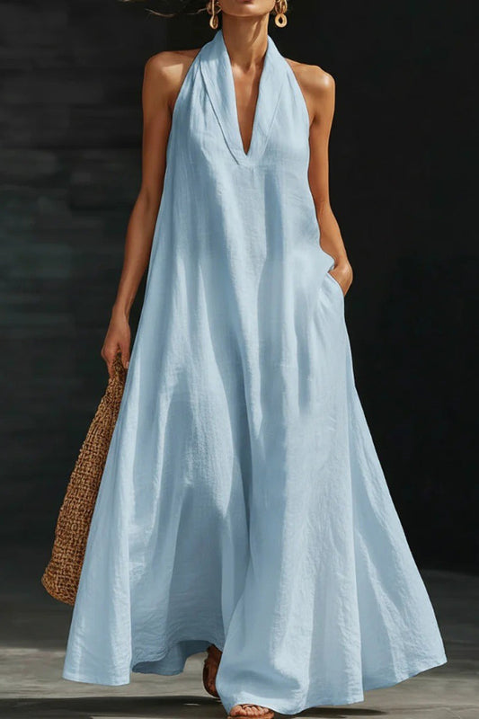 Linen Blend Solid Color Loose V-neck Pocket Casual Maxi Dress