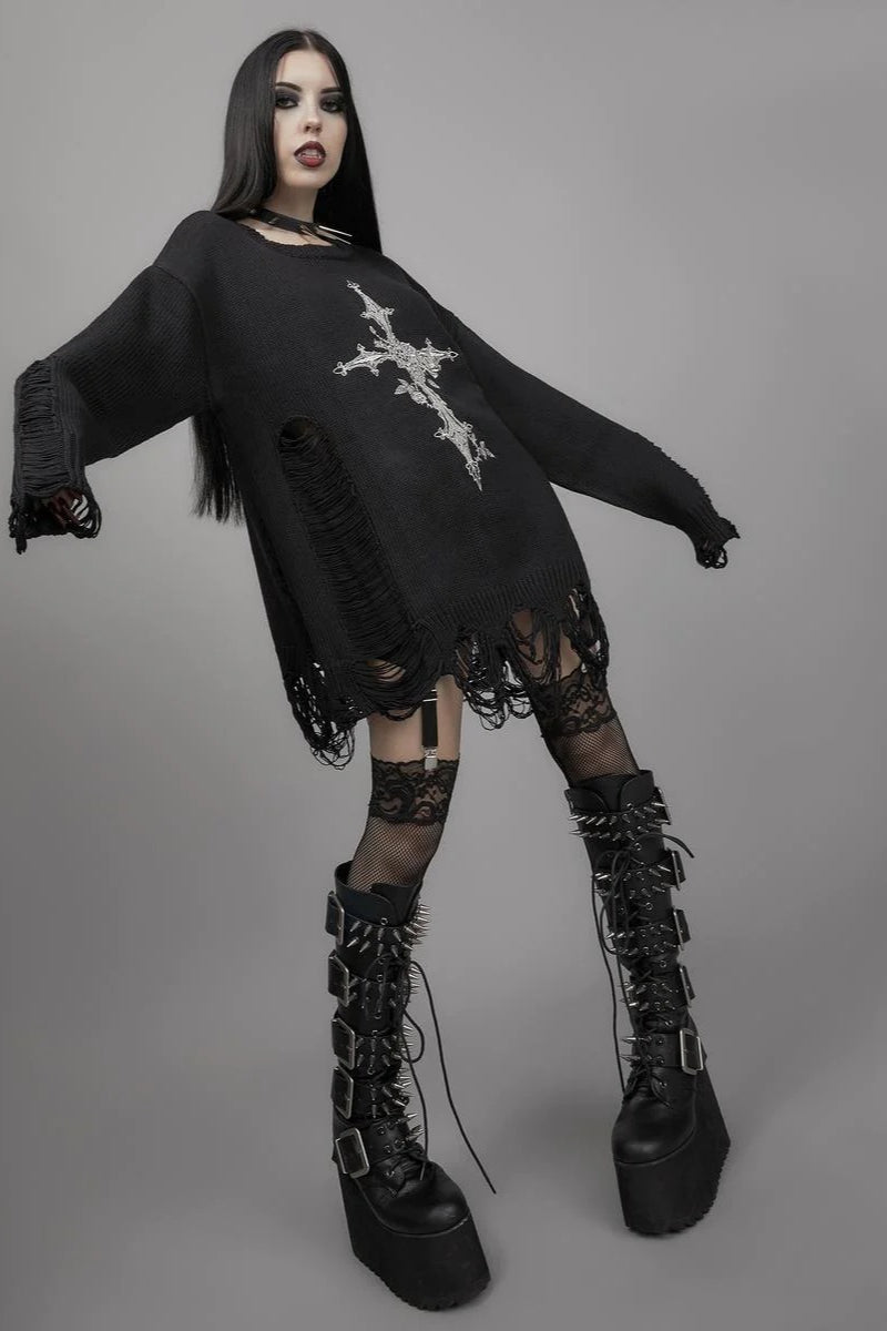 Knit Cross Cutout Distressed Long Sleeve Sweater
