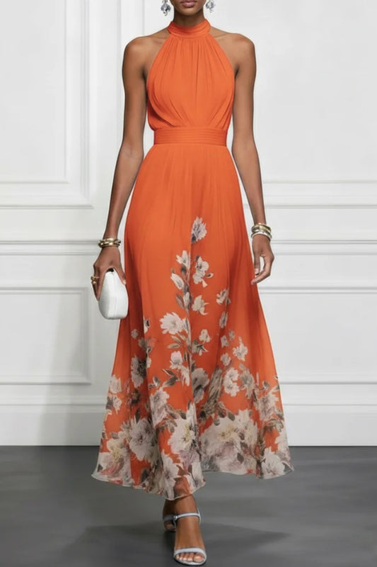 Floral Print Halter Neck Sleeveless Elegant Waist-cinching Maxi Dress
