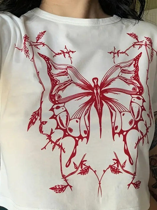 Sexy Gothic Butterfly Graphic Fitted Crop Top