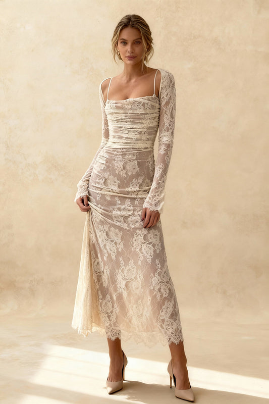 Elegant Lace Mesh Long Sleeve Lace Dress