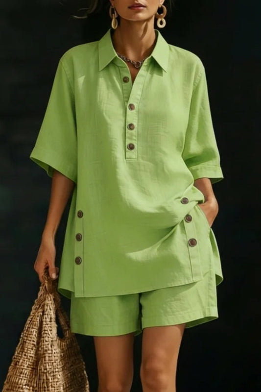 Solid Color Collared Short-sleeved Button-down Loose Top and Elastic Waist Pocket Shorts Set
