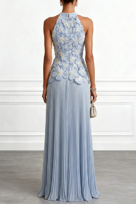 Emilie 3D Floral Embroidery Pleated Chiffon Hem Halter Neck Sleeveless Maxi Dress