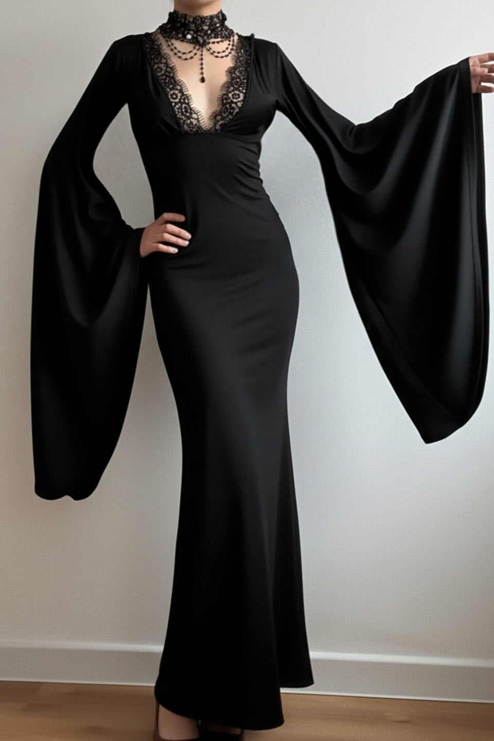 Gothic Batwing Sleeve Lace Backless Maxi Dress