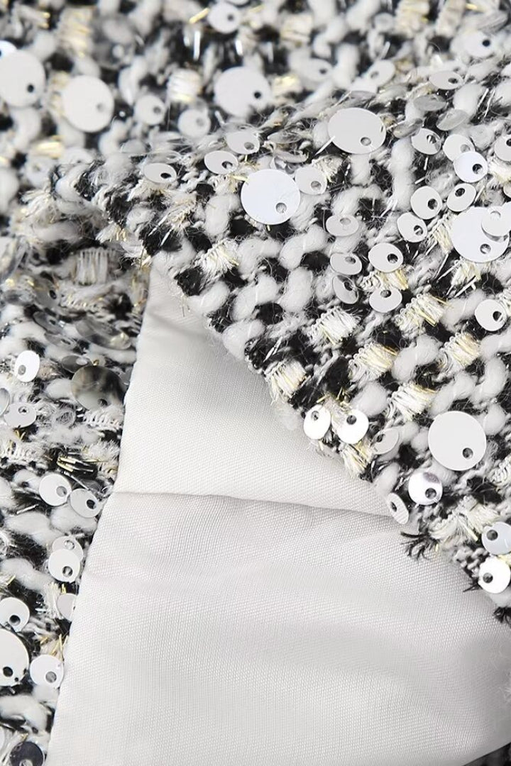 Solid Crew Neck Sequin Tweed Jacket
