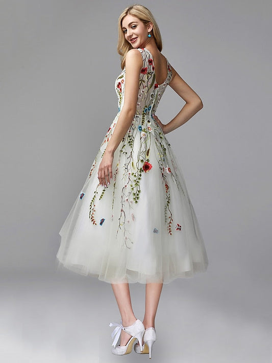 A-Line Prom Dresses Floral Dress Engagement Tea Length Sleeveless Jewel Neck Chiffon with Lace Insert Appliques 2023