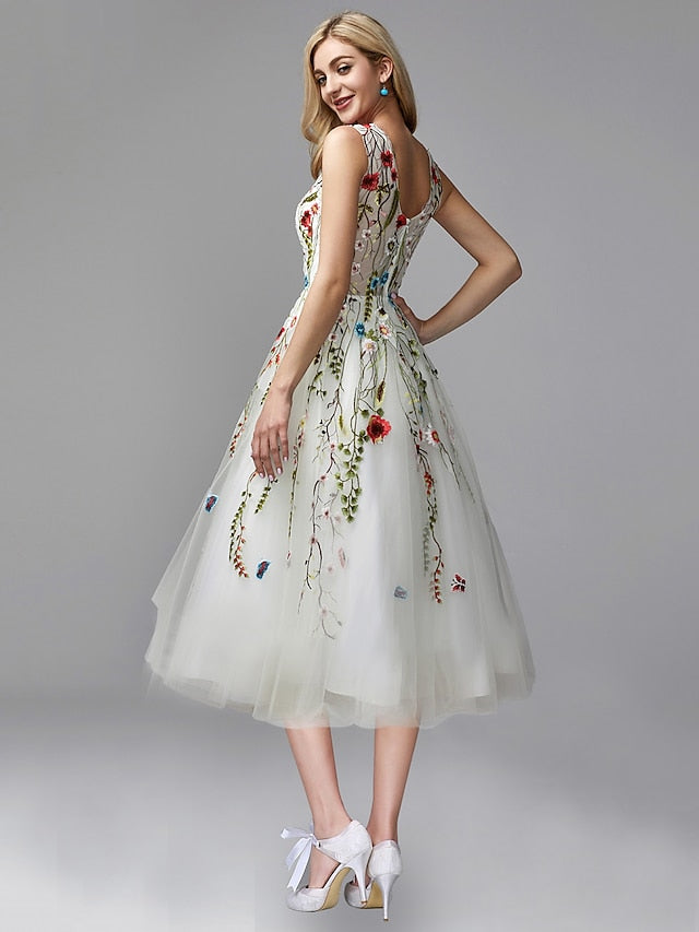 A-Line Prom Dresses Floral Dress Engagement Tea Length Sleeveless Jewel Neck Chiffon with Lace Insert Appliques 2023