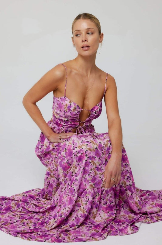 Vestido lencero largo con aberturas y estampado Beverly