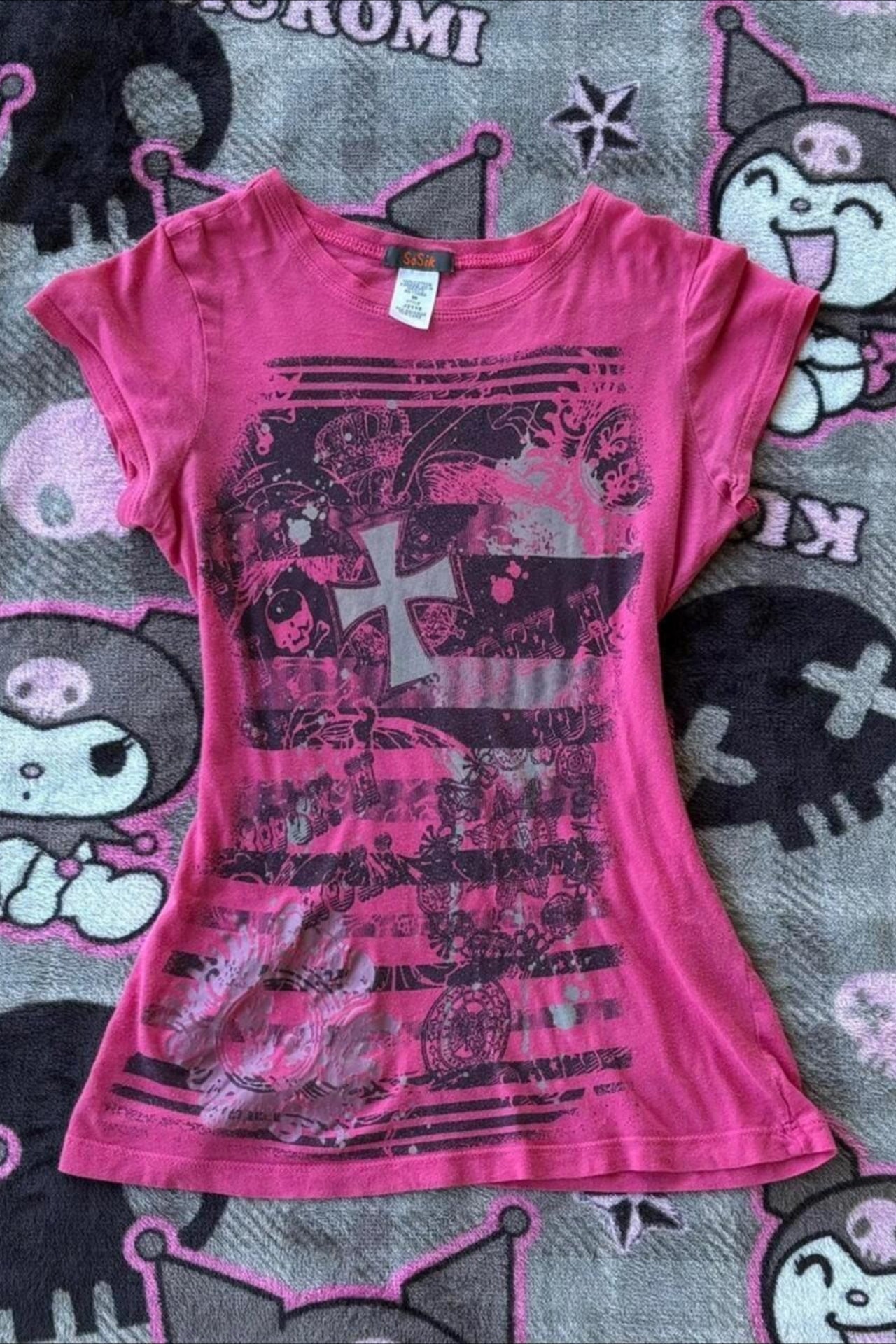 Y2K Gothic Cross Print Slim Crop T-shirt