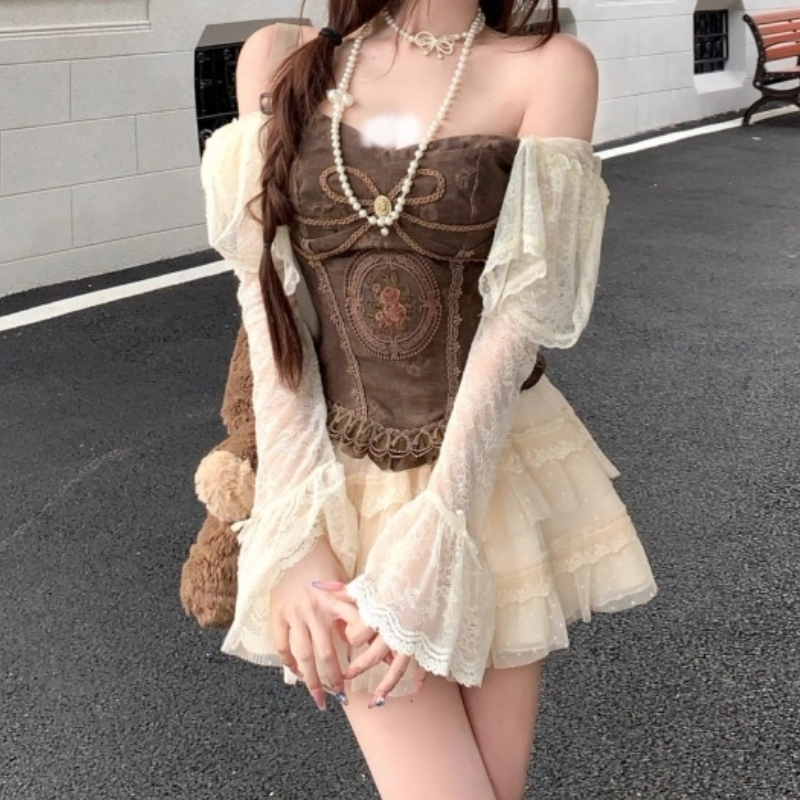 Off shoulder long flared sleeve lace ruffle mini skirt set | Festival Outfits Women