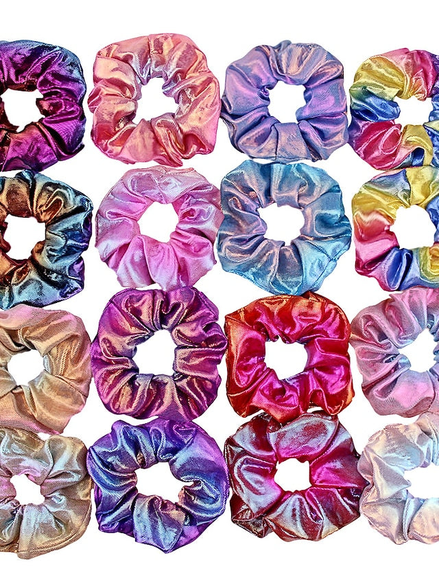 Hair Scrunchies Dazzling Rainbow Shiny Metallic Large Hair Scrunchie Mermaid Hair Bow Elastics Ponytail Holder Hair Ties for Women or Girls (Rainbow 16-PCS) for Women