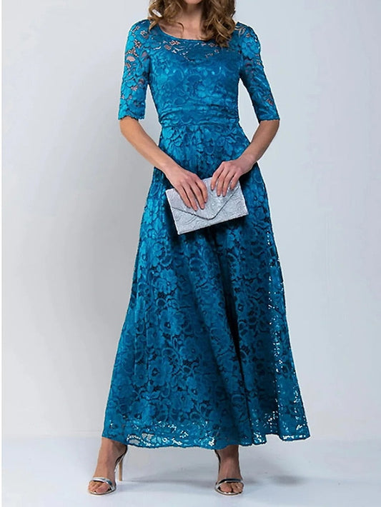 A Line Dress Maxi long Dress Royal Blue Lace Dress Half Sleeve Floral Solid Color Ruched Print Spring Summer Crew Neck Stylish Elegant S-3XL for Women