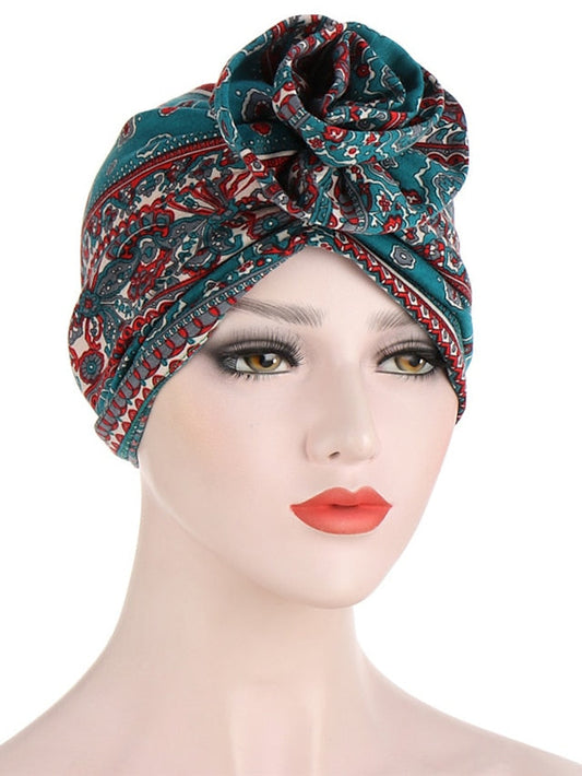Ethnic Plaid Pattern Cashew Print Big Flower Headscarf Bonnet Women Turban Hat Turbante Femme Musulman India Hat Islamic Head Wrap Turban for Women
