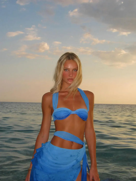 Blue Bikini with Skirt Three Piece Swimsuit