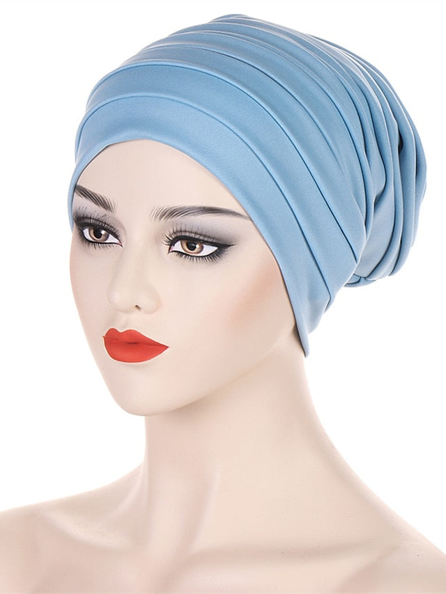 Candy Color Ladies Head Wraps Muslim Hijab Bonnets Fashion Headgear Trendy Elastic Full Body Pleated Turban Cap for Women for Women