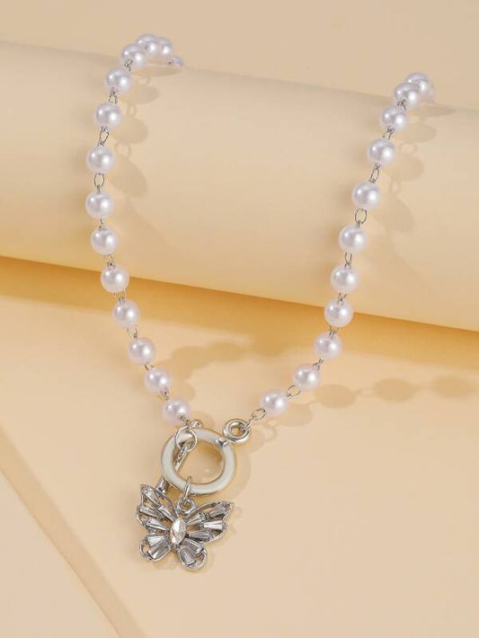 Butterfly Charm Faux Pearl Choker for Women