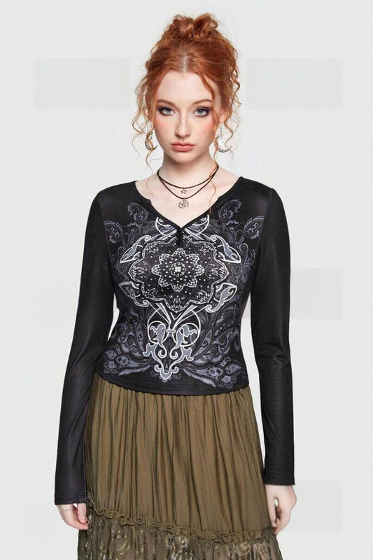 V-Neck Mesh Raglan Floral Knit Top