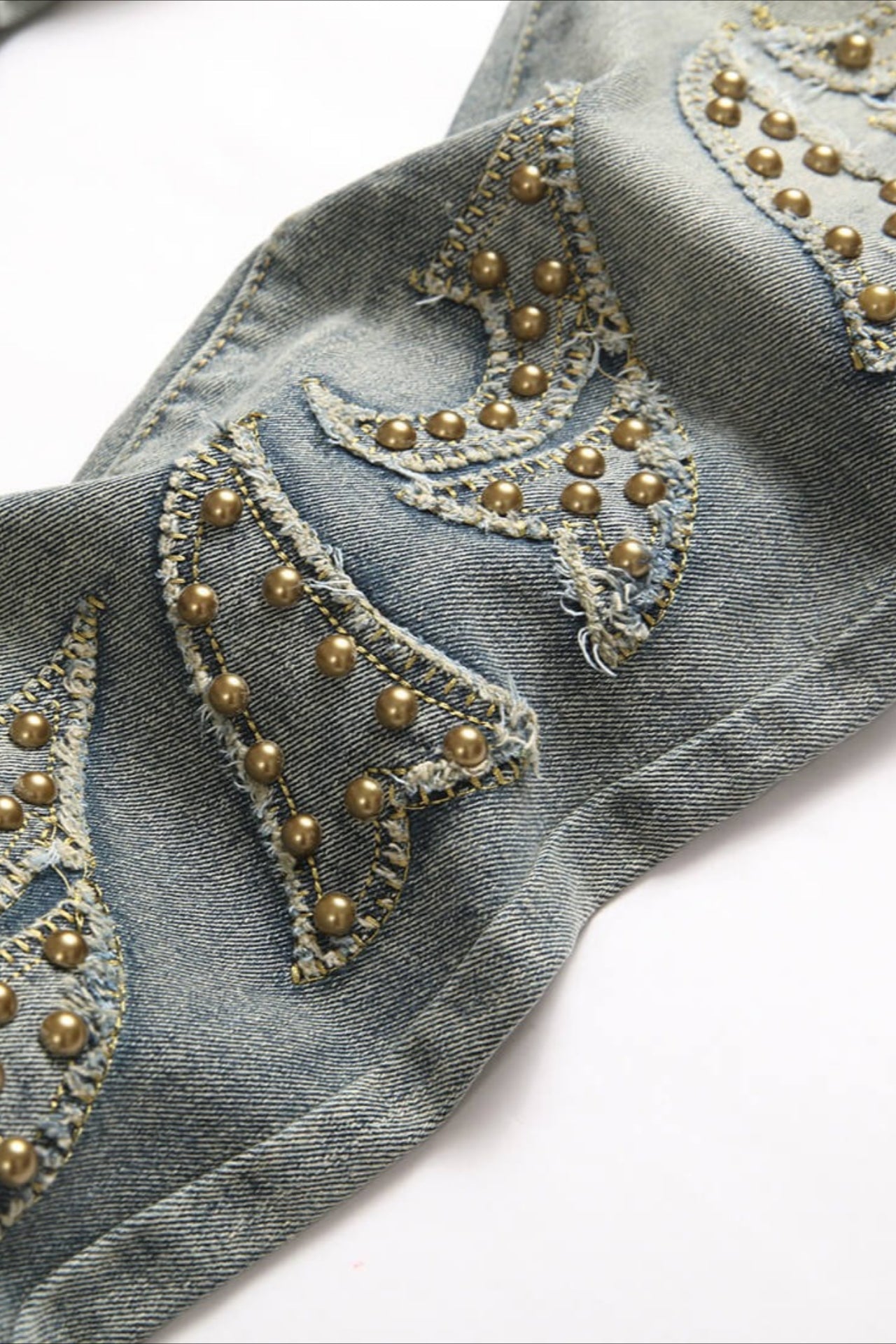 Retro Red Plaid Embroidered Studded Bootcut Denim Pants