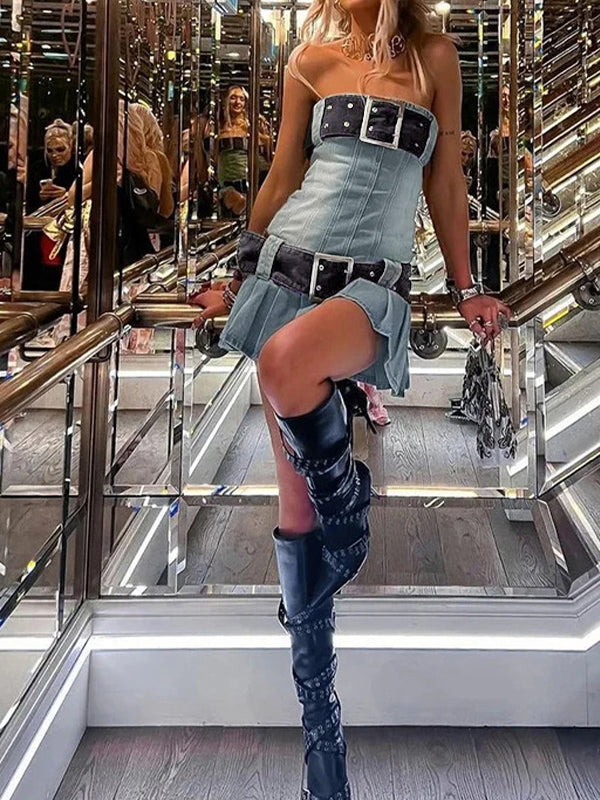 Vintage Denim Belted Bandeau Pleated Mini Dress