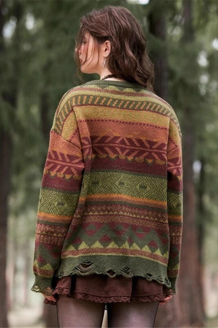 Distressed Geometric Knit Sweater