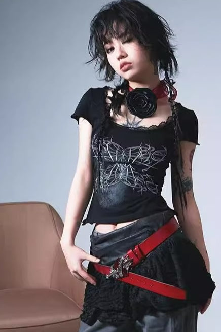 Edgy Y2K Lace Printed Slim Crew Neck T-shirt