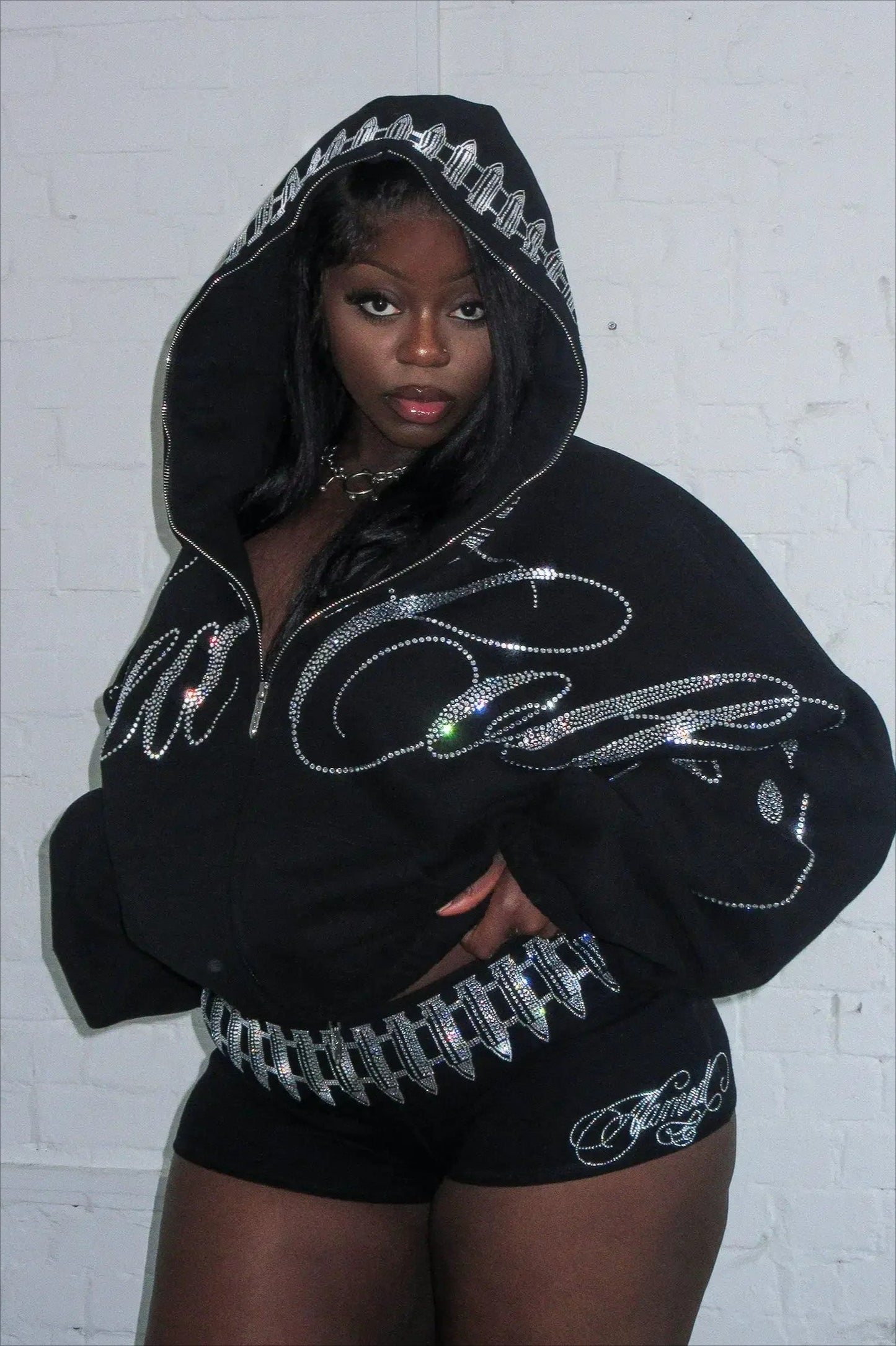 Hip Hop Letters Rhinestone Zipper Hoodie