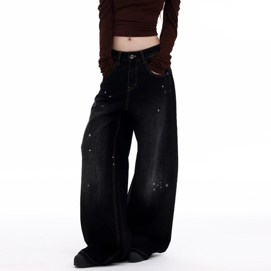 Doodle pattern button low rise straight leg | Baggy Low Rise Jeans | Festival Outfits Women