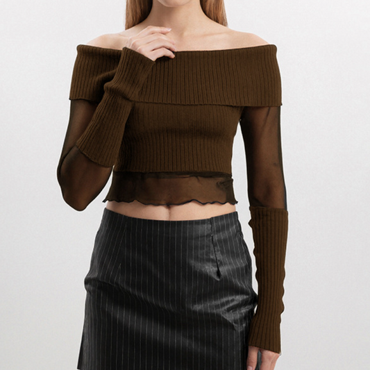 Long sleeve off shoulder ruffle mesh patchwork top | Festival Outfits Women