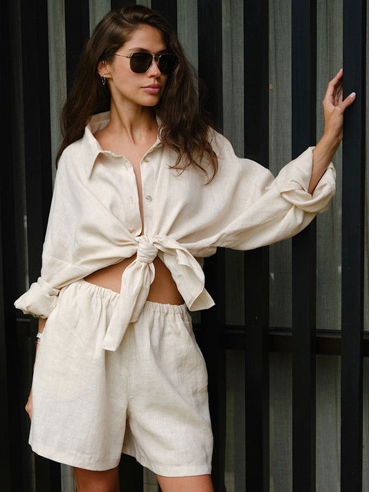 Long Sleeve Shirt Shorts Set Blouse