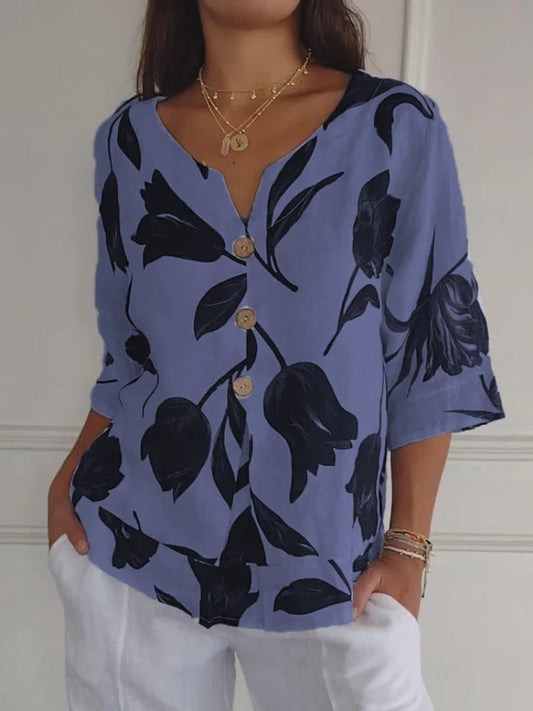 Camisa elegante con cuello en V y estampado floral | Ideal para el verano