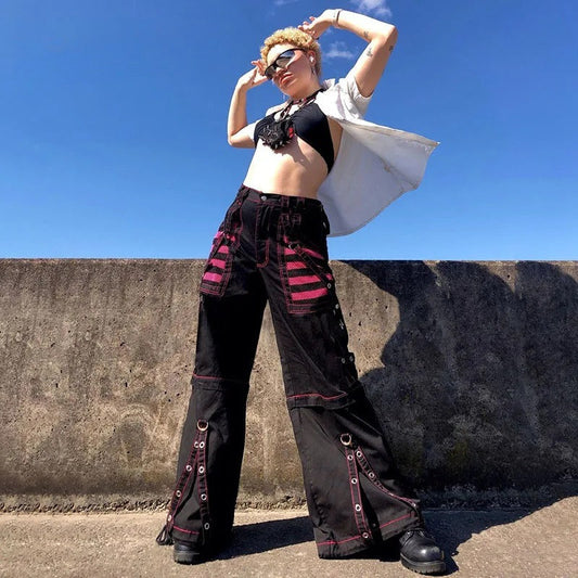 Black Red Contrast Studded Cargo Pants