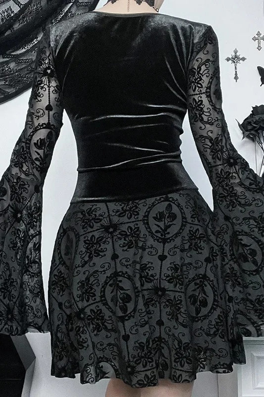 Dark Velvet Gothic Flare Sleeve Bandage Vintage Mini Dress