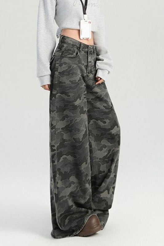 Camouflage Wide Leg High Waist Relaxed Jeans
