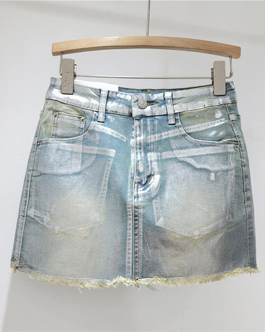 A-Line Hot Stamping High-Waist Hip-Hugging Denim Skirt