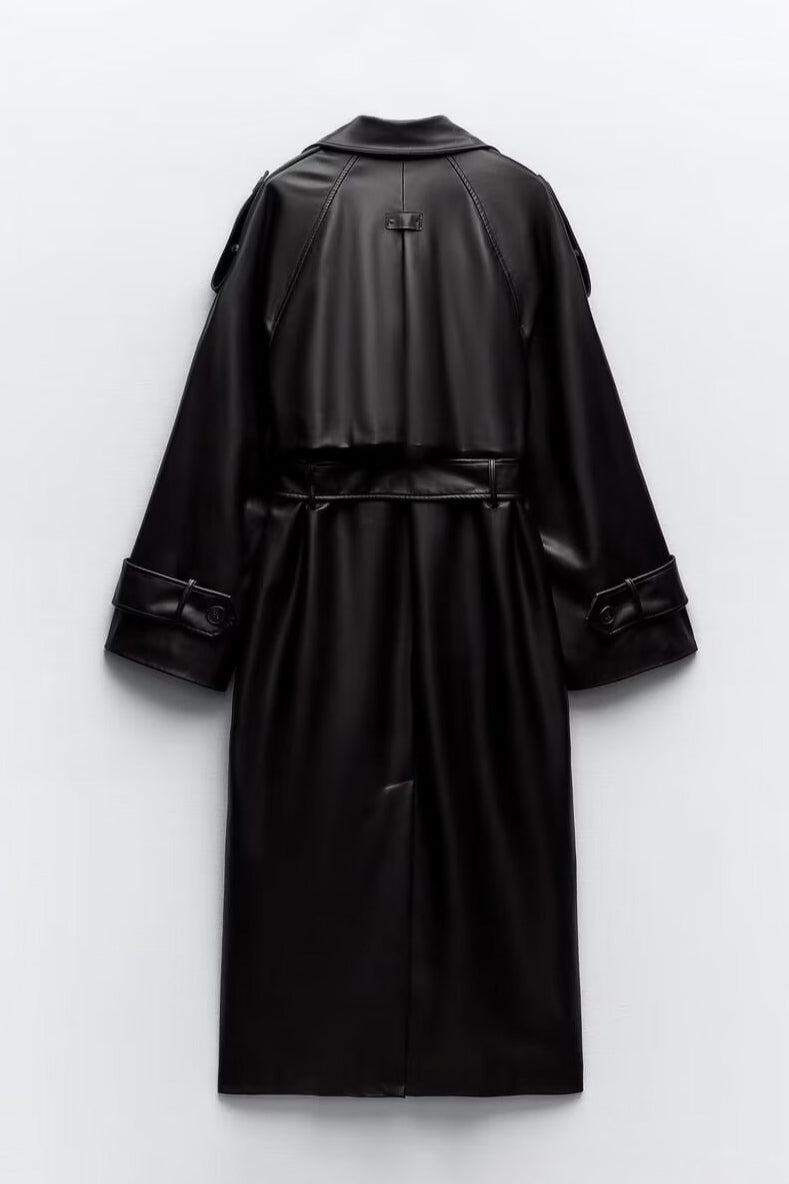 Belted Faux Leather Oversized Long Trench Coat