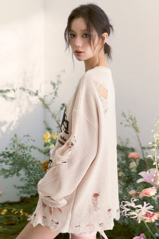 Vintage Distressed Loose-Fit Knit Sweater
