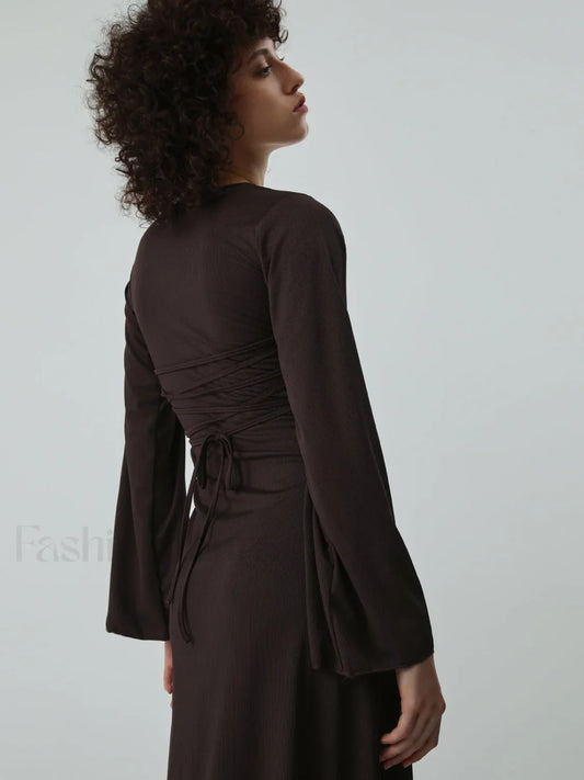 Caramel Flare Long Trendy Sleeve Knit Long Dress