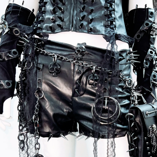 O ring zip-up rivet applique v neck PU leather top | Festival Outfits Women