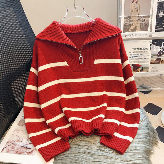 Jersey holgado de punto a rayas con cremallera para mujer | Ideal para otoño/invierno