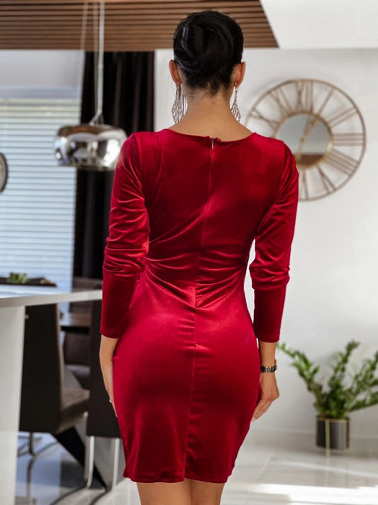 Knotted Velour Casual V-Neck Long Sleeves Midi Dress