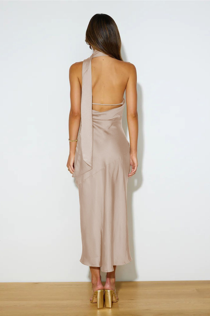 Sexy Satin Slit Hem Backless Midi Dress