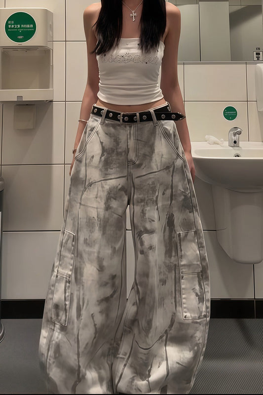 Distressed Dyed Curved Wide Leg Denim Pants