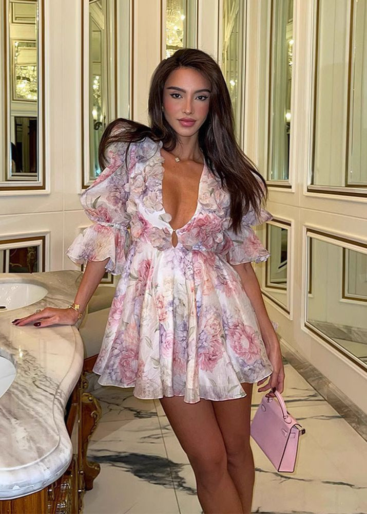 Floral Ruffle Puff Sleeve Mini Dress – Deep V Fit and Flare Party Dress
